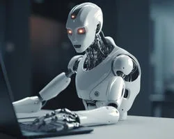 chatbot robotic concept art robot finger point laptop button generative ai 11zon