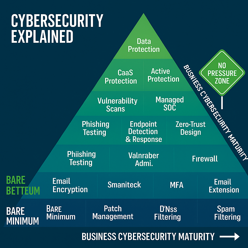 Cybersecurity pyramid showing IT security services from basic tools to advanced solutions like encryption and monitoring.