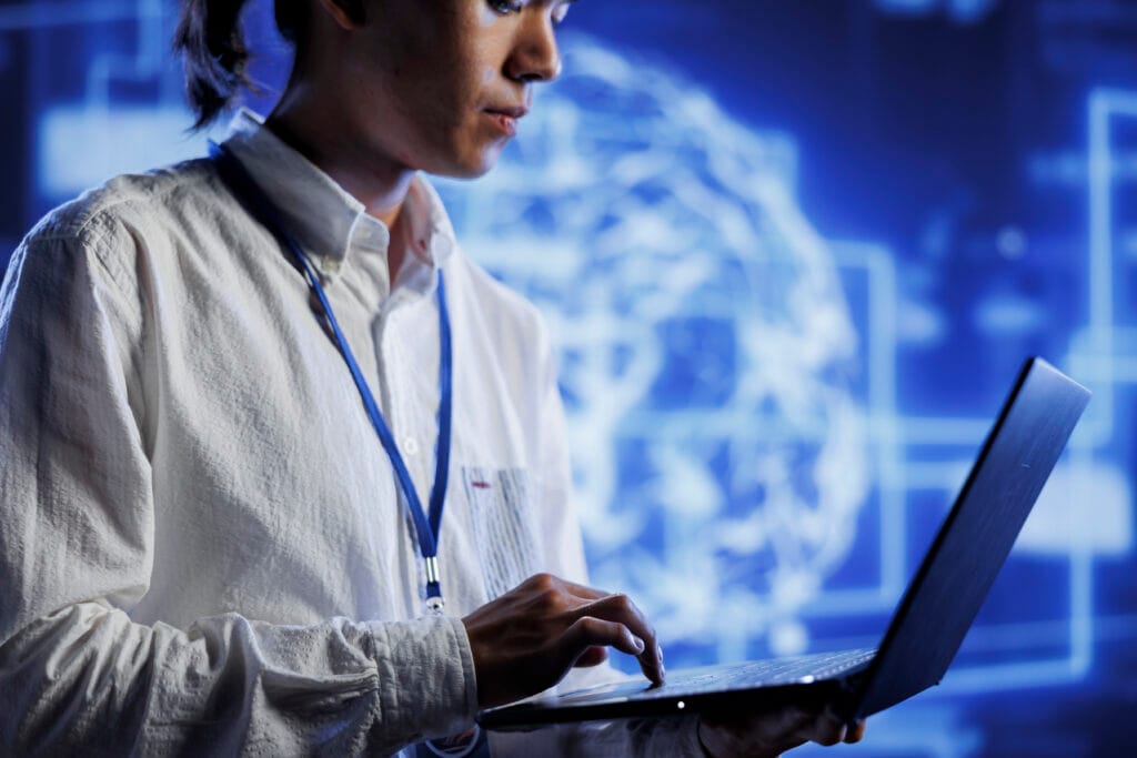 Security technology professional reviewing an AI systems checkup for existing business security systems