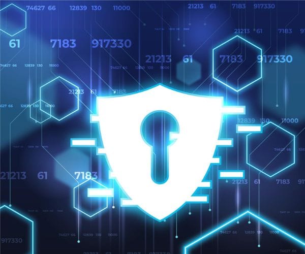Digital shield and lock representing AI security, governance and business risk controls