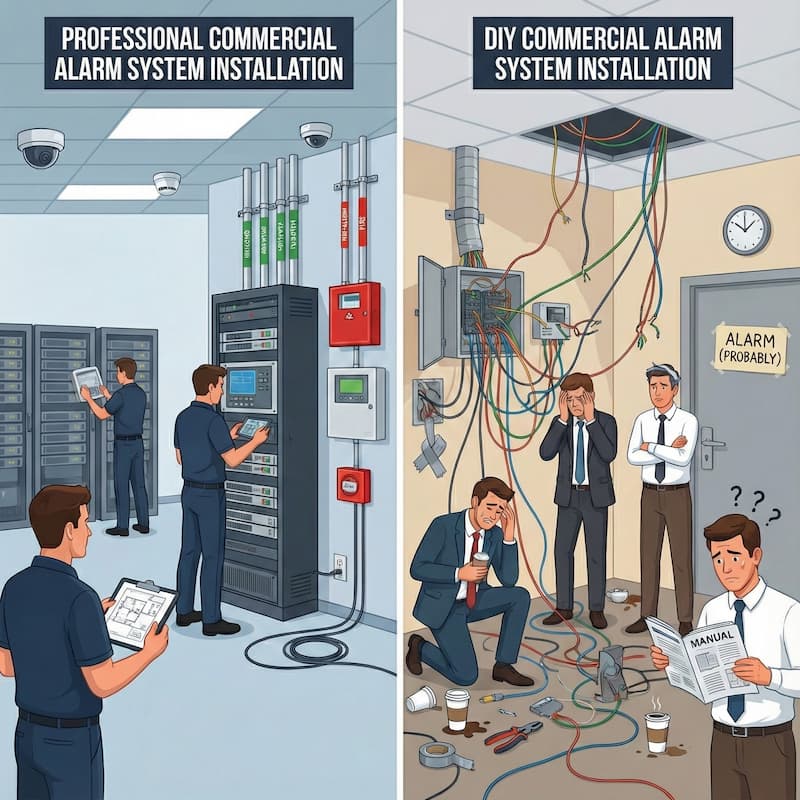 Professional vs DIY Commercial Alarm System Installation Concept Art