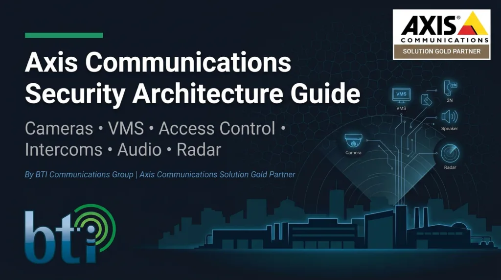 BTI Axis Communications Security Architecture Guide cover image for Axis cameras, cloud and on-premise VMS, access control, 2N intercoms, network audio, radar, AI analytics, installation, integration, and managed support