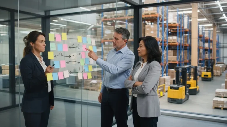 Operations leaders mapping a cross-functional workflow on a glass wall above a warehouse floor