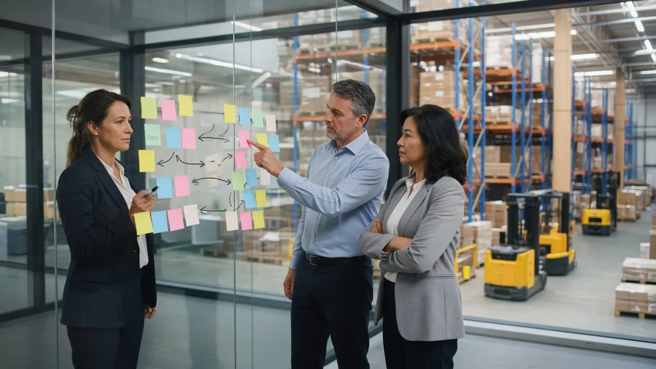 Operations leaders mapping a cross-functional workflow on a glass wall above a warehouse floor