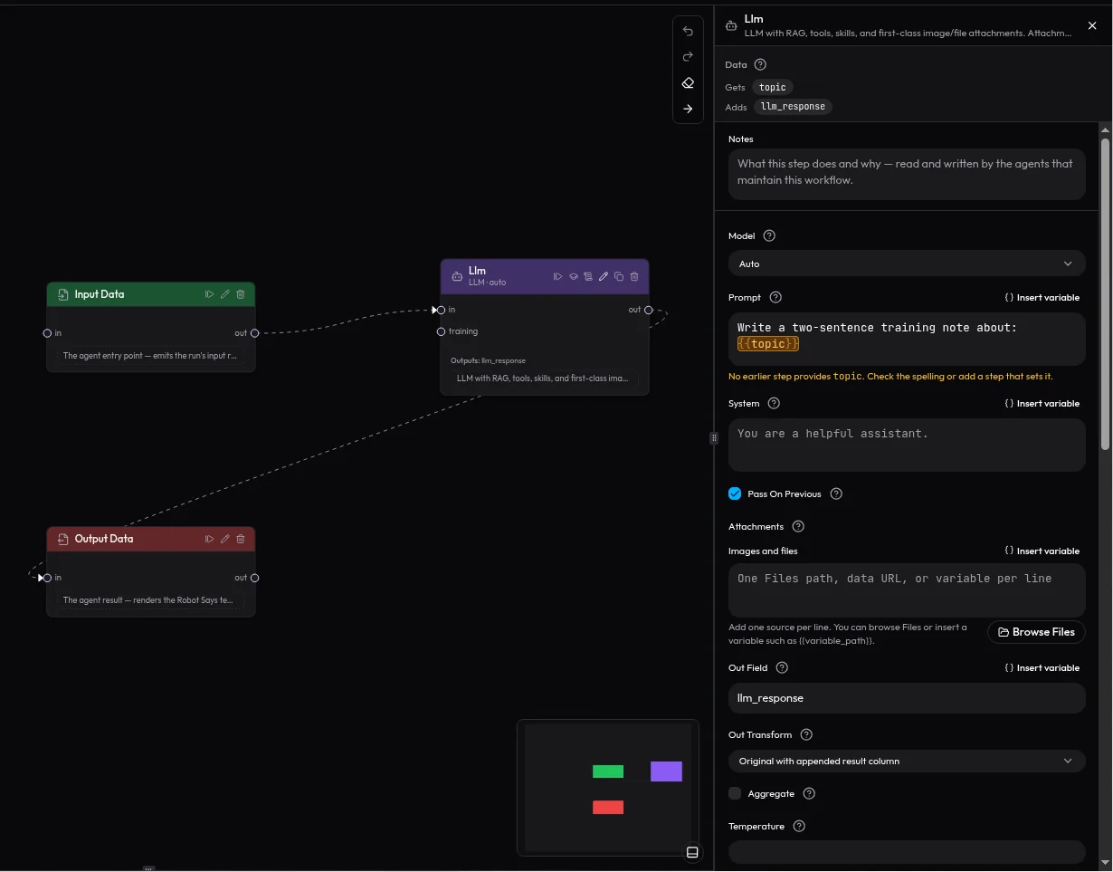 AI agent builder settings panel with model, prompt, system instructions and output field for one workflow step