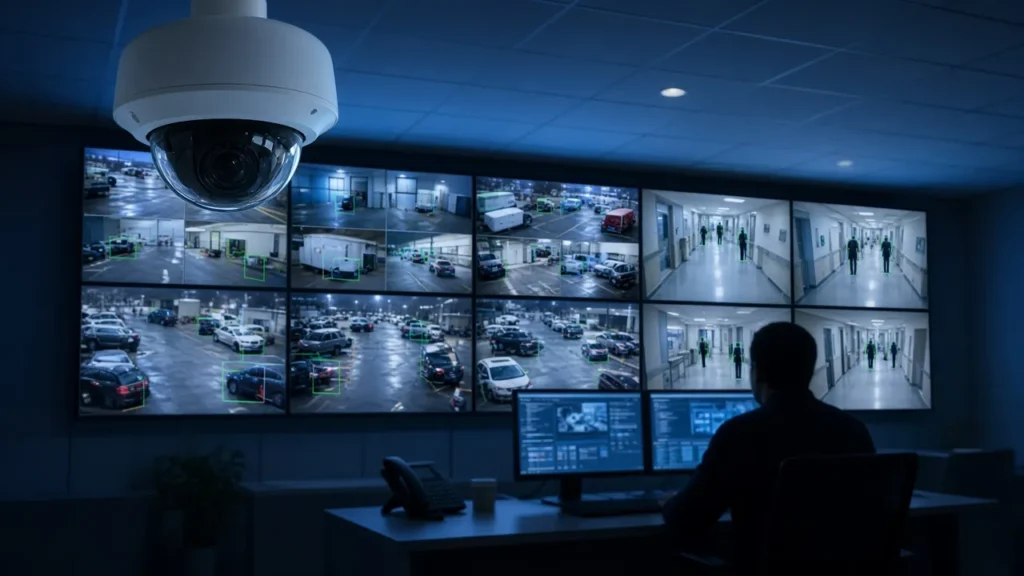 Security operations center where existing camera feeds show AI video analytics overlays