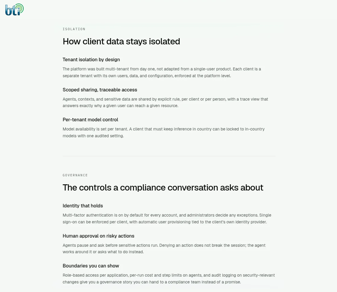 Platform security documentation: tenant isolation, MFA by default, human approval on risky actions and audit logging