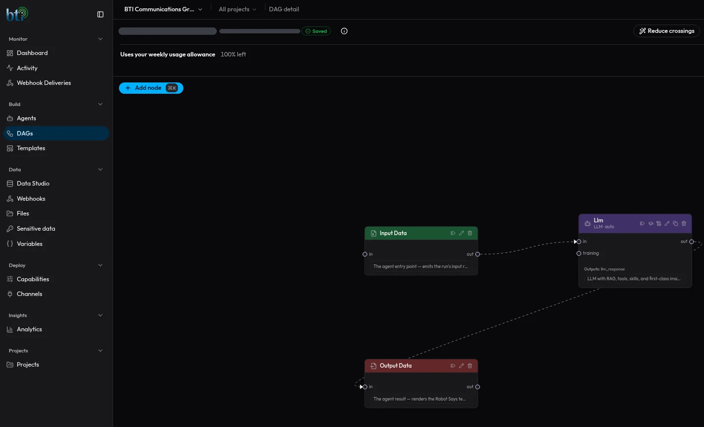 AI workflow automation builder showing an AI agent workflow with input, language model and output steps