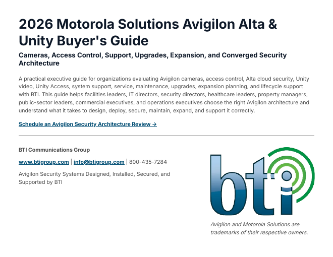 Cover of BTI's 2026 Motorola Solutions Avigilon Alta & Unity Buyer’s Guide