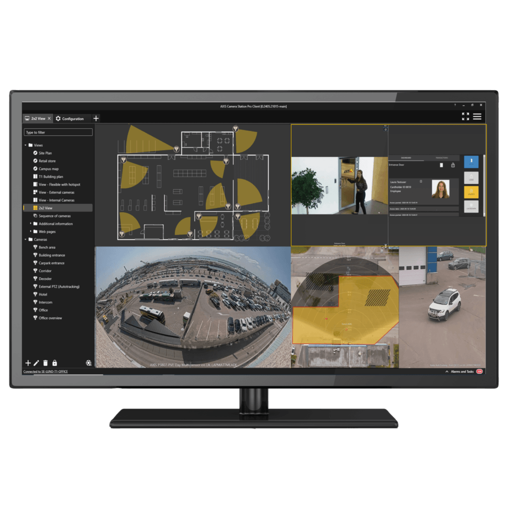 AXIS Camera Station Pro monitor showing unified video and access control.