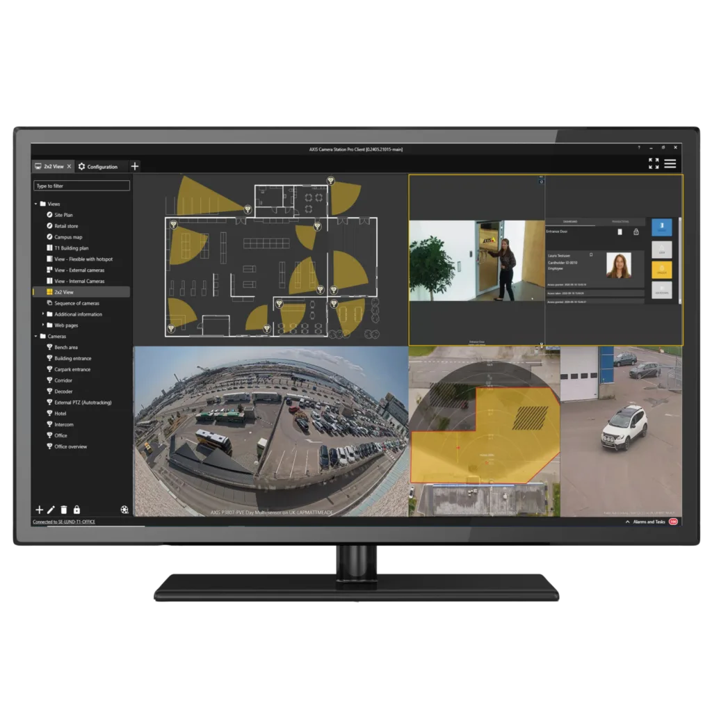 AXIS Camera Station Pro monitor showing unified video and access control.