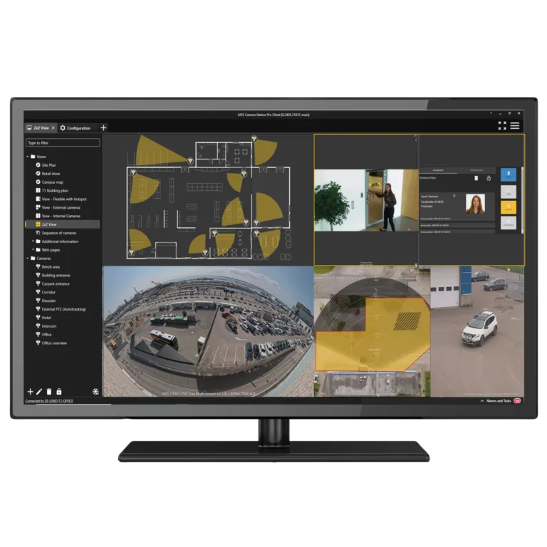 AXIS Camera Station Pro monitor showing unified video and access control.