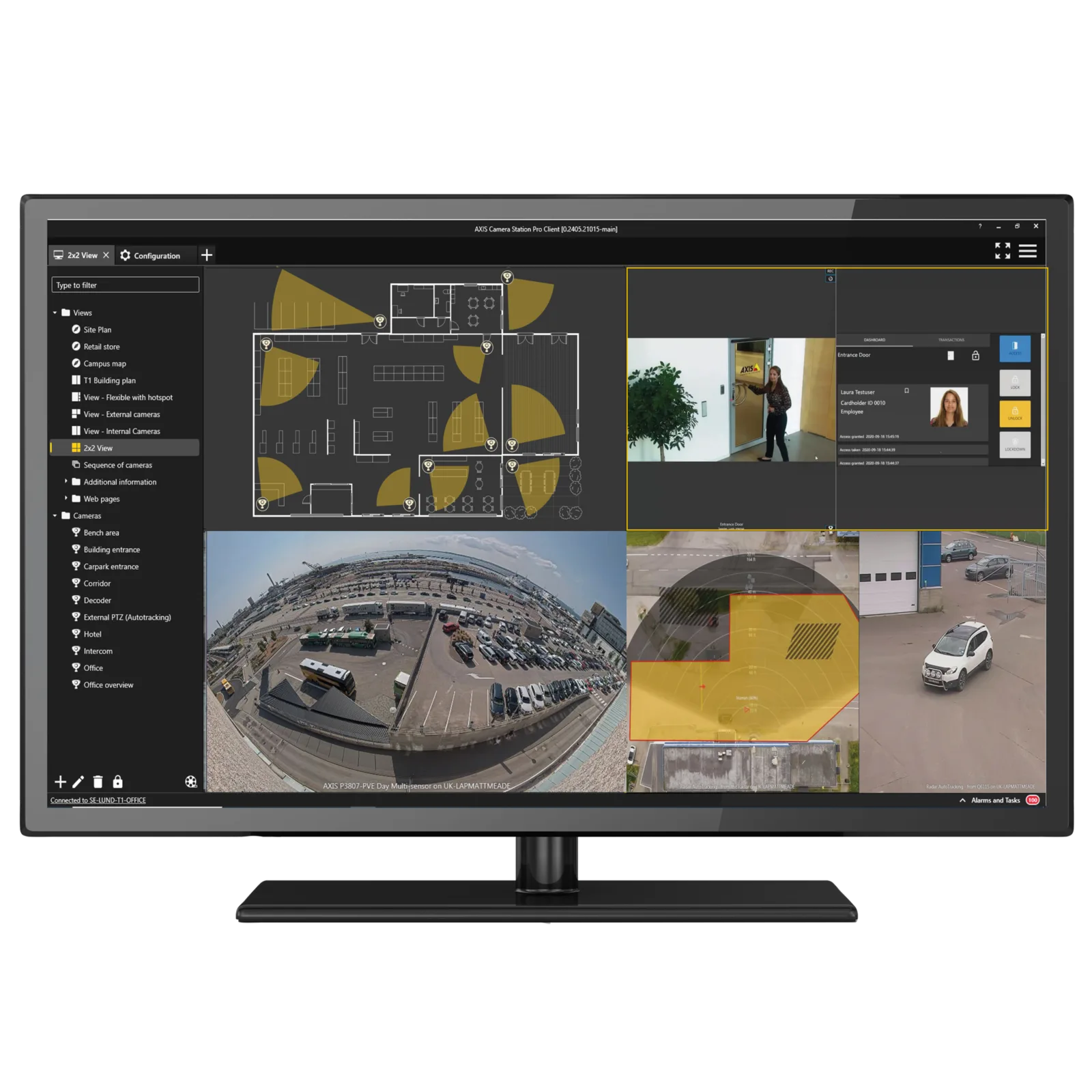 AXIS Camera Station Pro monitor showing unified video and access control.