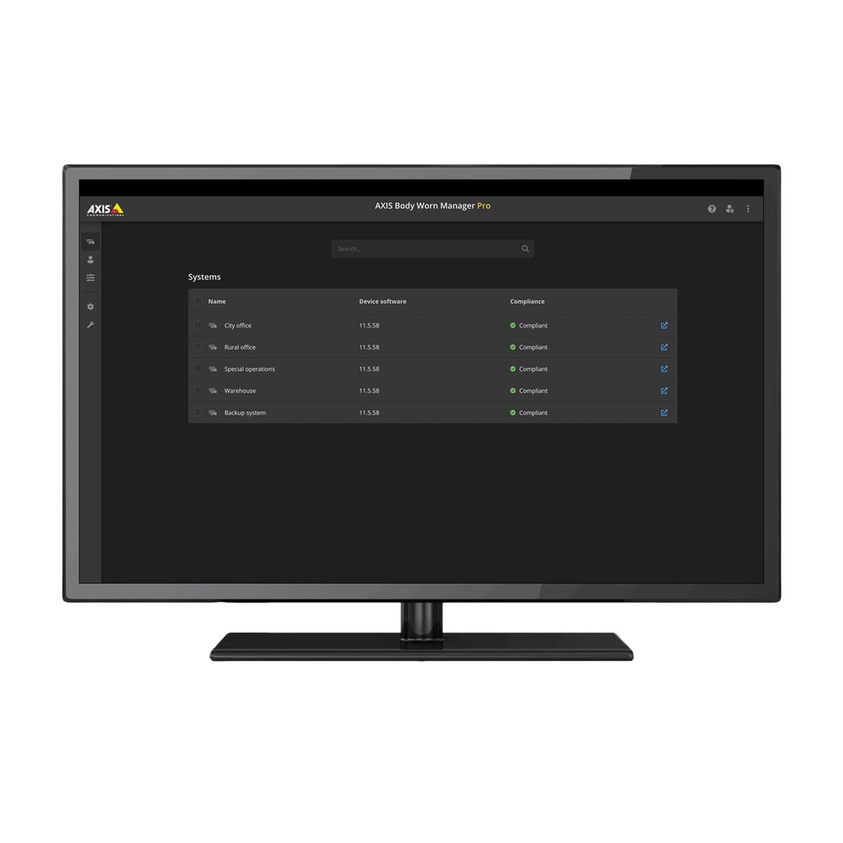 Monitor showing the AXIS Body Worn Manager Pro interface with a list of systems