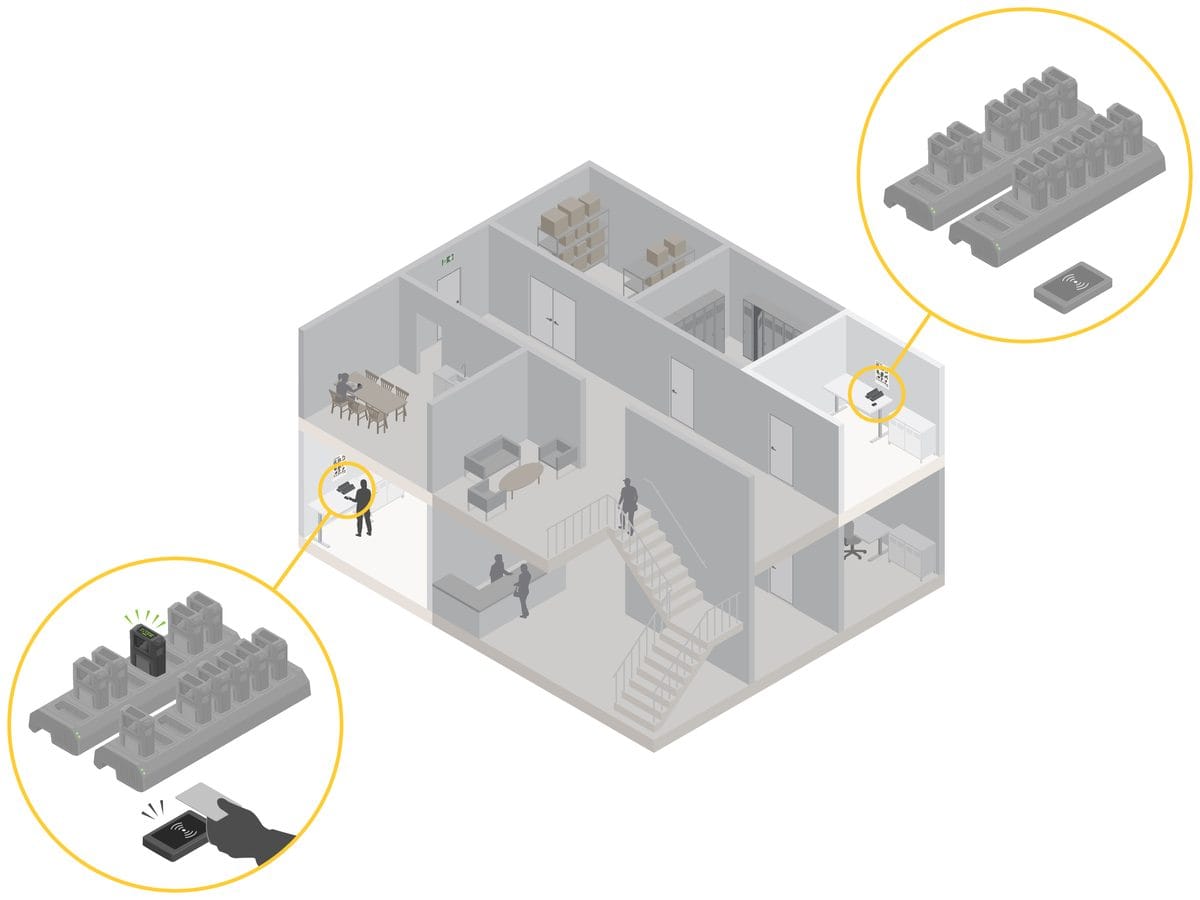 Illustration of staff taking a camera from a dock with an RFID tag at shift start