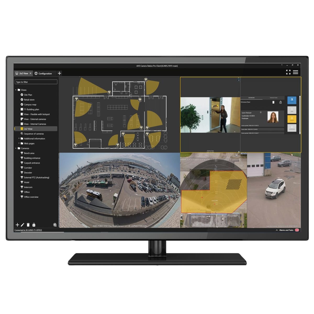 Monitor showing the AXIS Camera Station Pro interface with live camera views