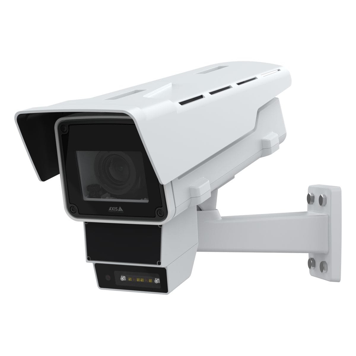 AXIS Q1656-DLE radar video fusion camera on a wall mount, viewed from the left