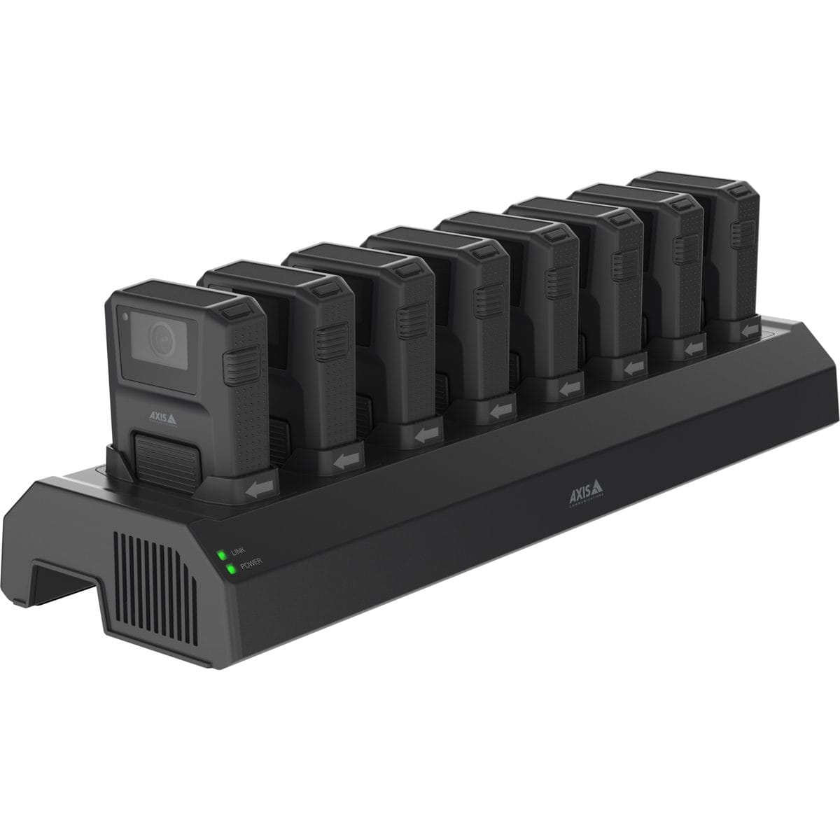 AXIS W701 Mk II 8 bay docking station holding body worn cameras