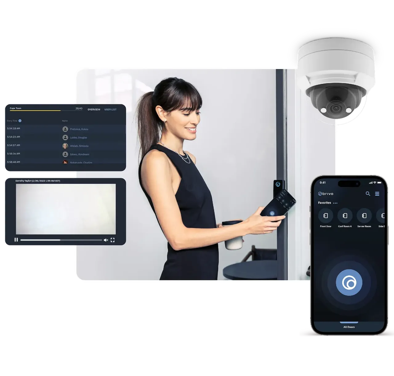 Brivo Access cloud access control with mobile app, reader and camera, designed by BTI