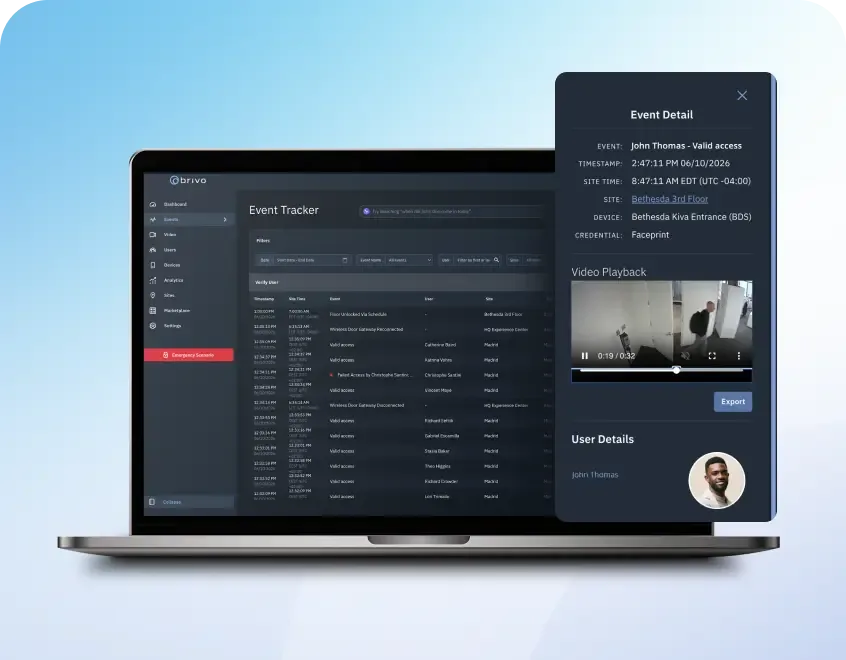 Brivo event tracker showing door events with linked video, configured by BTI