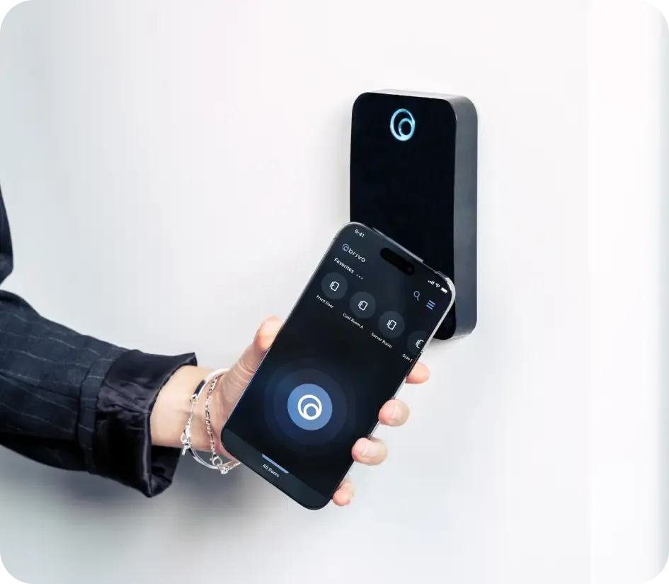 Brivo Mobile Pass app unlocking a door reader, installed by BTI