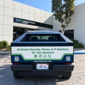 BTI service truck wrapped with AI-driven security, phone and IT solutions, parked outside a BTI office