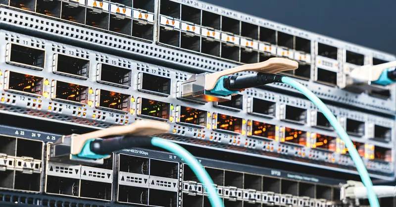 Fiber connections plugged into a carrier-grade network switch