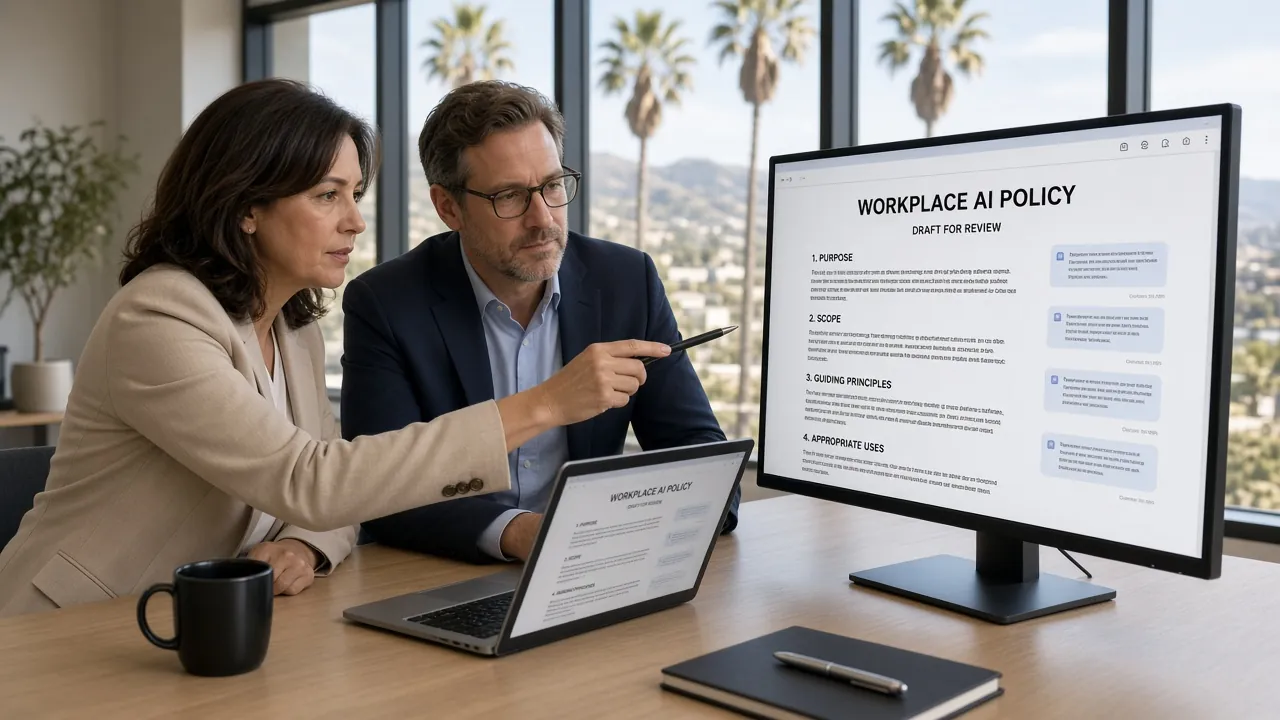 HR director and legal counsel reviewing a workplace AI policy on screen in a California office