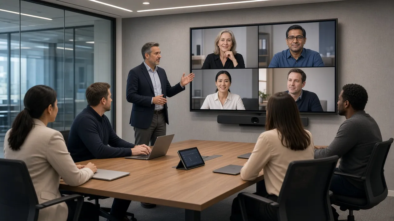 CEO leading a hybrid Teams Room leadership meeting on AI strategy
