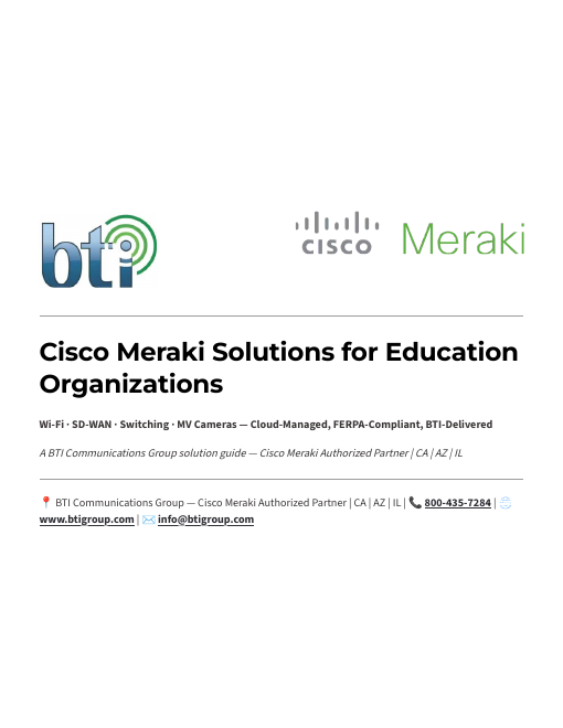 Cover of BTI's Cisco Meraki Solutions for Education Organizations