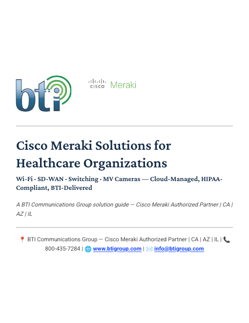 Cover of BTI's Cisco Meraki Solutions for Healthcare Organizations