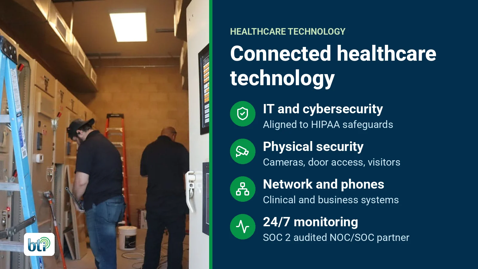 BTI technicians in a client equipment room, beside how connected healthcare technology works: IT and cybersecurity aligned to HIPAA safeguards, physical security, network and phones, and 24/7 monitoring