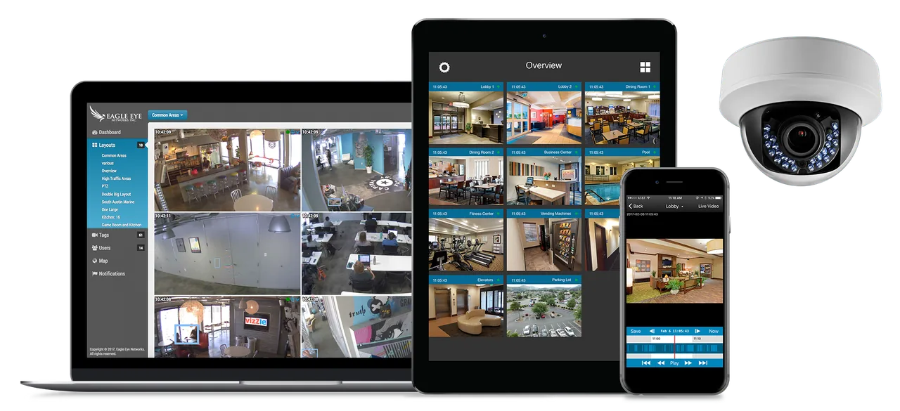 Eagle Eye Cloud VMS on monitor, tablet and phone, deployed by BTI