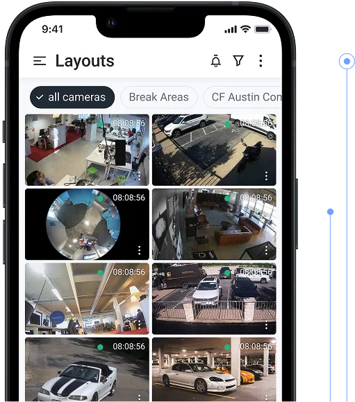 Eagle Eye mobile app camera layouts on a phone, set up by BTI