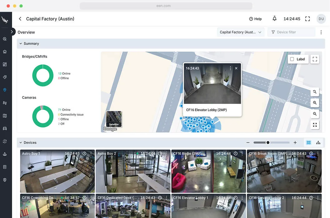 Eagle Eye site dashboard with map and camera status, managed by BTI