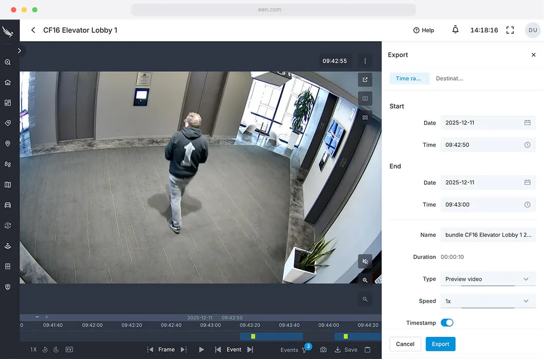 Eagle Eye video search screen finding a person in a lobby, set up by BTI