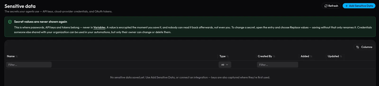 Encrypted secrets vault for AI workflow credentials such as passwords, API keys and access tokens