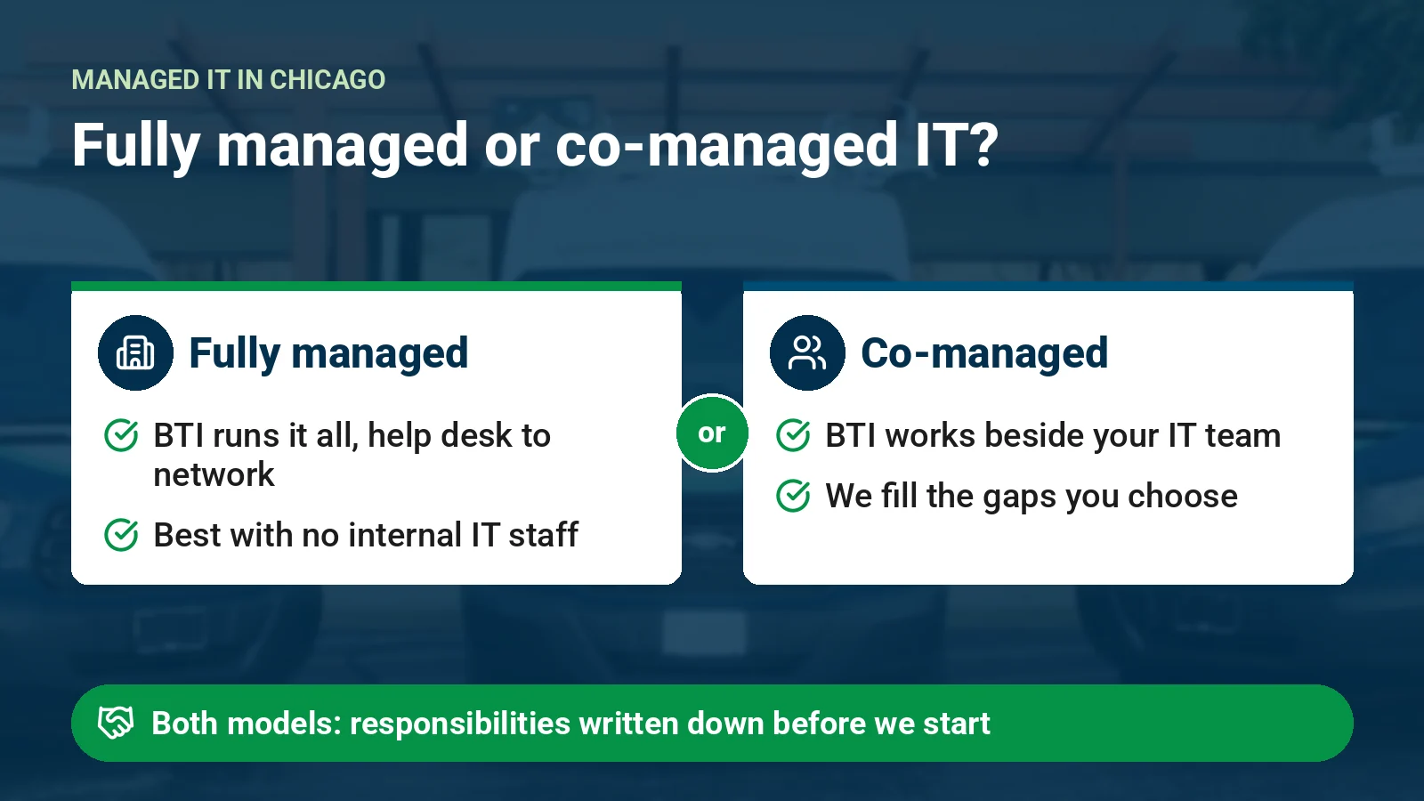 Fully managed vs co-managed IT in Chicago Comparison of fully managed and co-managed IT for Chicago organizations, with responsibilities written down before work starts