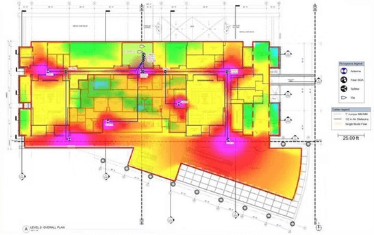 In-building cellular signal booster coverage design heat map on a commercial floor plan