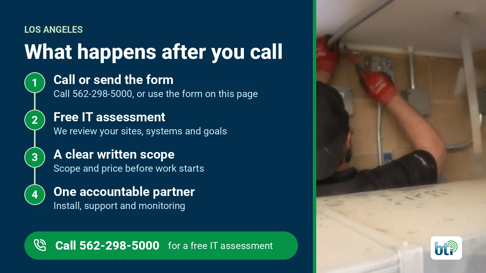 What happens after you call BTI in Los Angeles: call 562-298-5000 or send the form, a free it assessment, a clear written scope, then one accountable partner