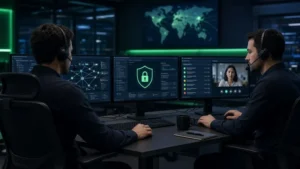 IT operations center with two engineers monitoring network, security and support dashboards