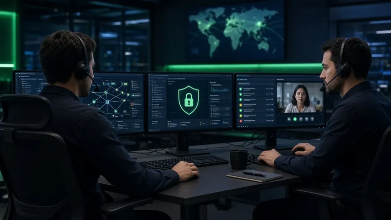 IT operations center with two engineers monitoring network, security and support dashboards
