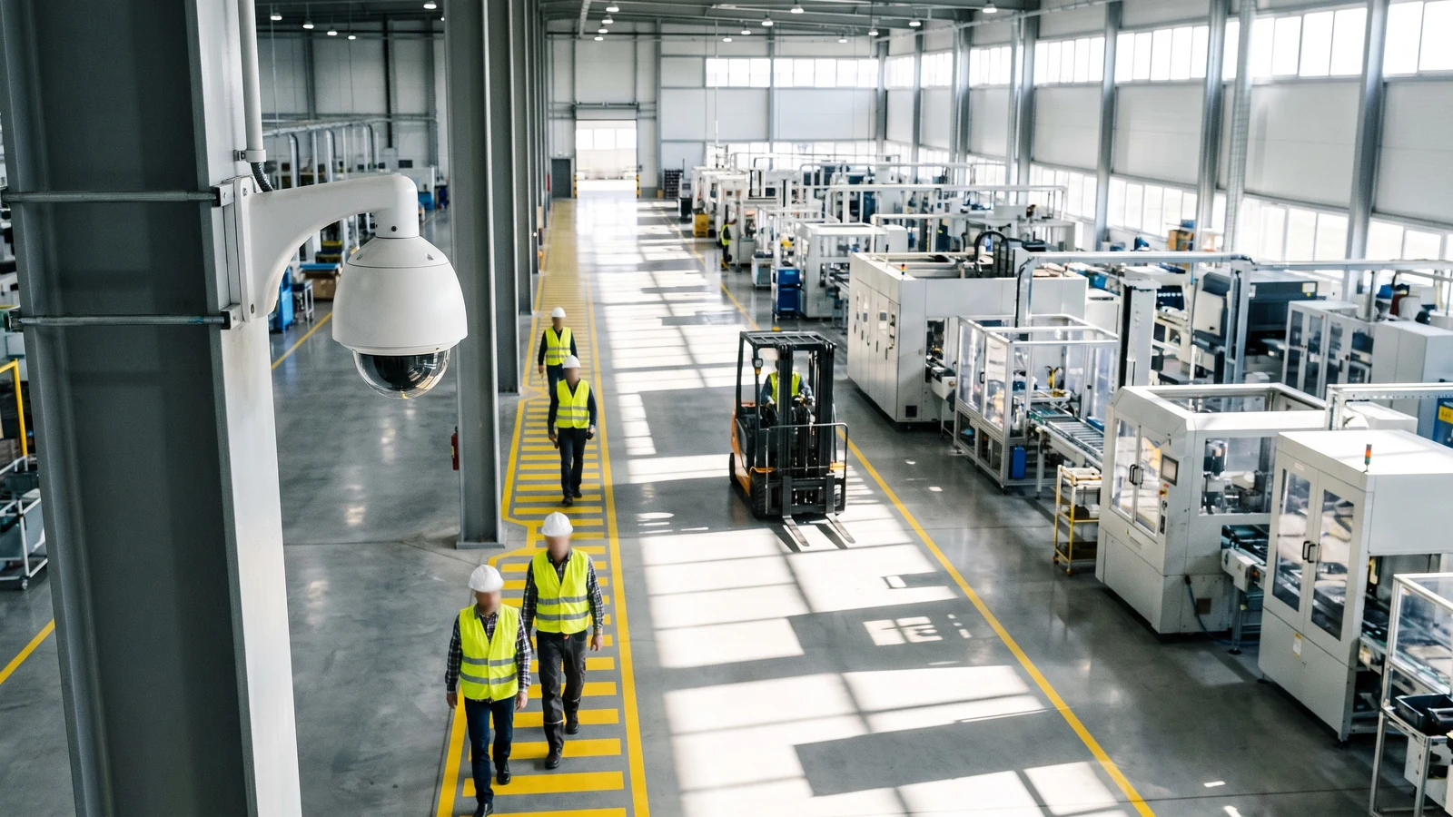 Manufacturing plant floor with a dome security camera over a marked pedestrian walkway, forklift aisle and workers in PPE