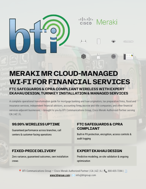 Cover of BTI's Meraki MR Cloud-Managed Wi-Fi for Financial Services