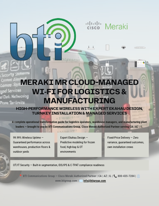 Cover of BTI's Meraki MR Cloud-Managed Wi-Fi for Logistics & Manufacturing