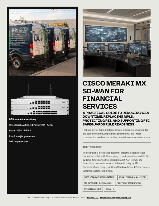 Cover of BTI's Cisco Meraki MX SD-WAN for Financial Services