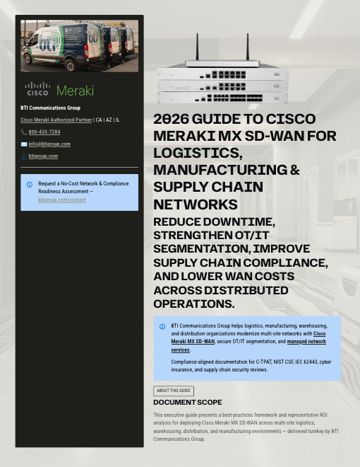 Cover of BTI's 2026 Guide to Cisco Meraki MX SD-WAN for Logistics & Manufacturing